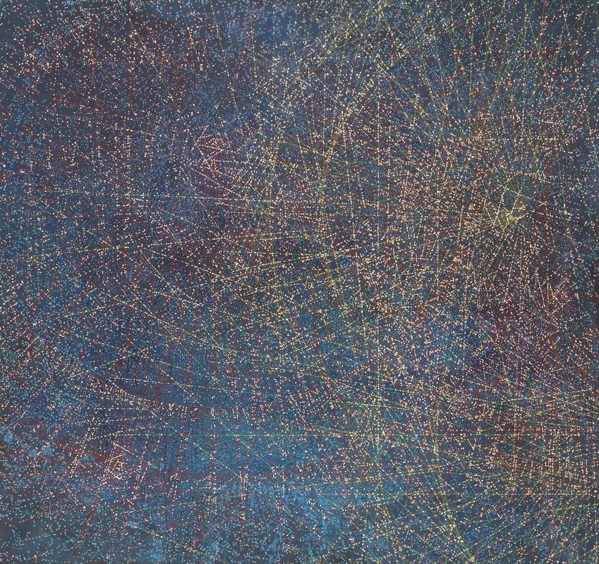De l'été à l'automne I, acrylique et crayon de couleur sur toile,152x144 cm, 2023